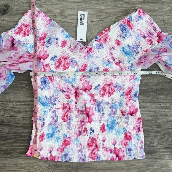BB Dakota Off the Shoulder Top Large Smocked Blouson Sleeve Floral Boho Spring - Picture 10 of 11